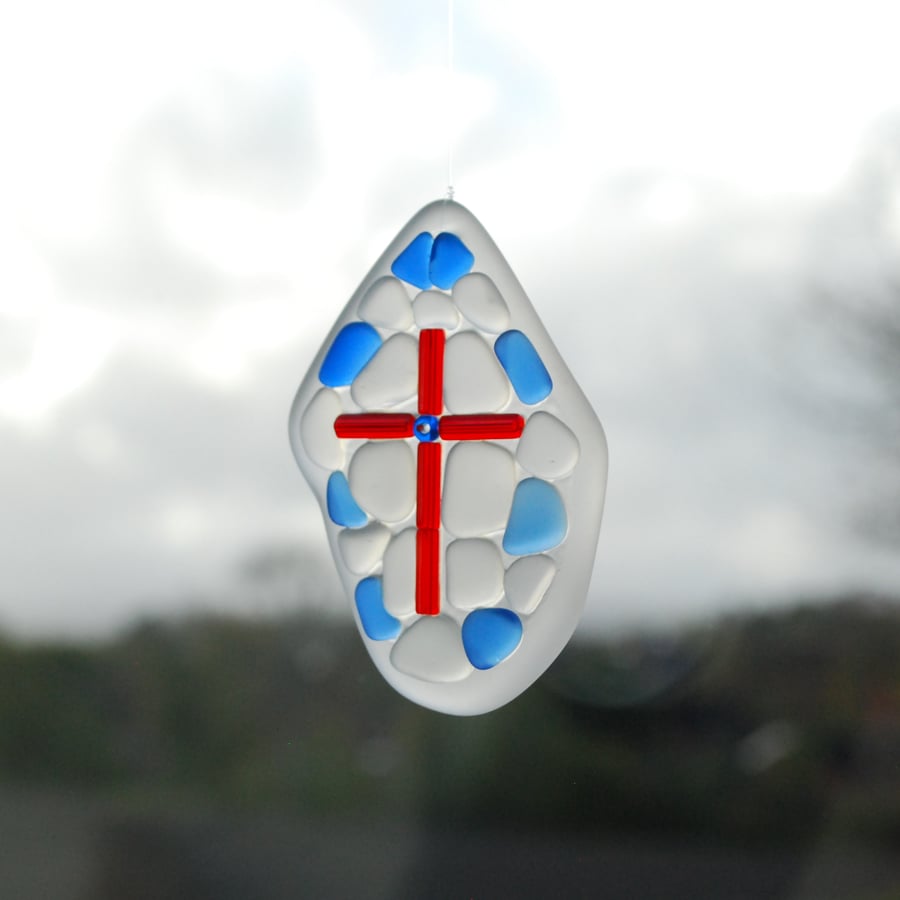 Beach glass sun catcher with red cross