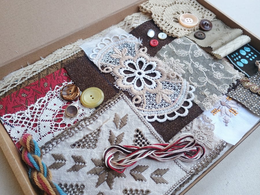Coffee and Cream Slow Stitching Kit - vintage lace reclaimed wool velvet
