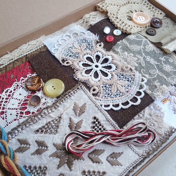 Coffee and Cream Slow Stitching Kit - vintage lace reclaimed wool and velvet
