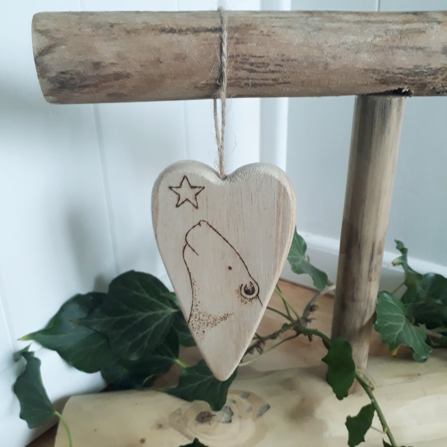 Three polar bear pyrography wooden heart hanging decorations