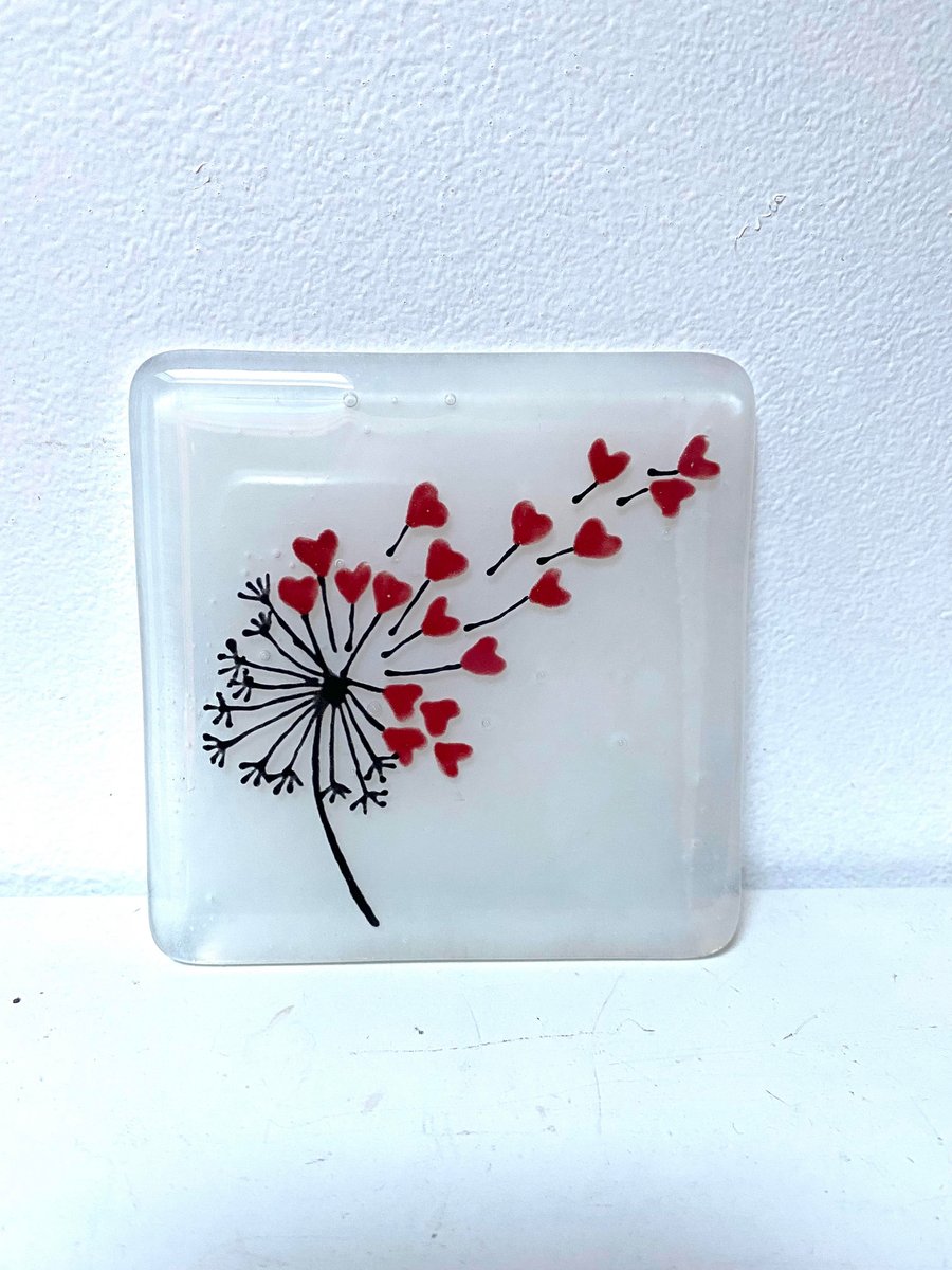 Fused Glass Black Dandelion heart clock, coaster