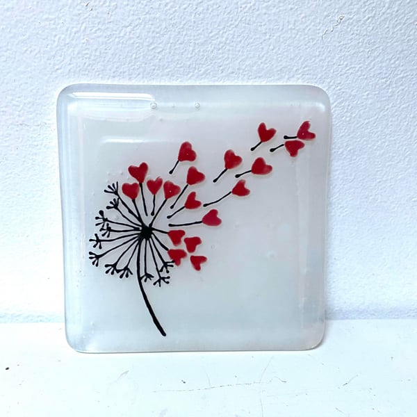 Fused Glass Black Dandelion heart clock, coaster