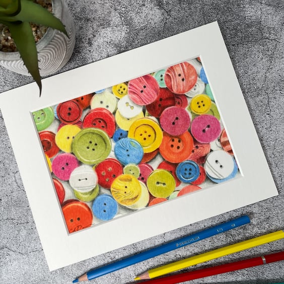 Giclee Fine Art Print of "Nana's Button Box" Original Coloured Pencil Drawing