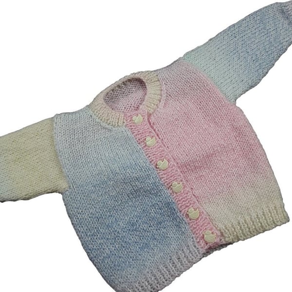 Hand knitted baby cardigan in pastels to fit 0 - 3 months 