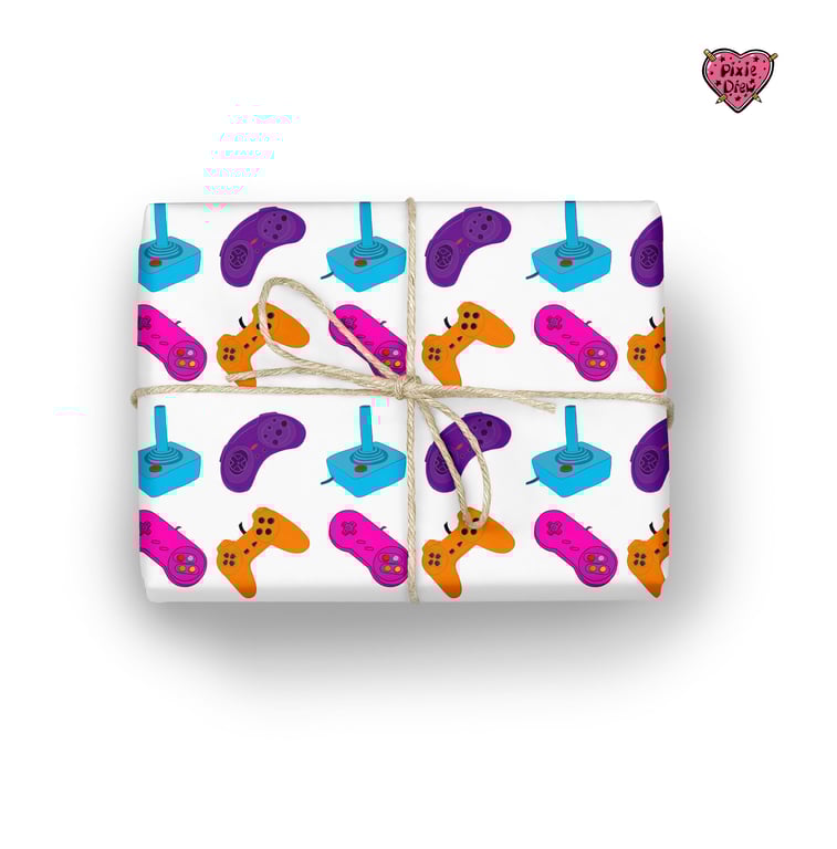 Gamer wrapping paper with retro games controllers