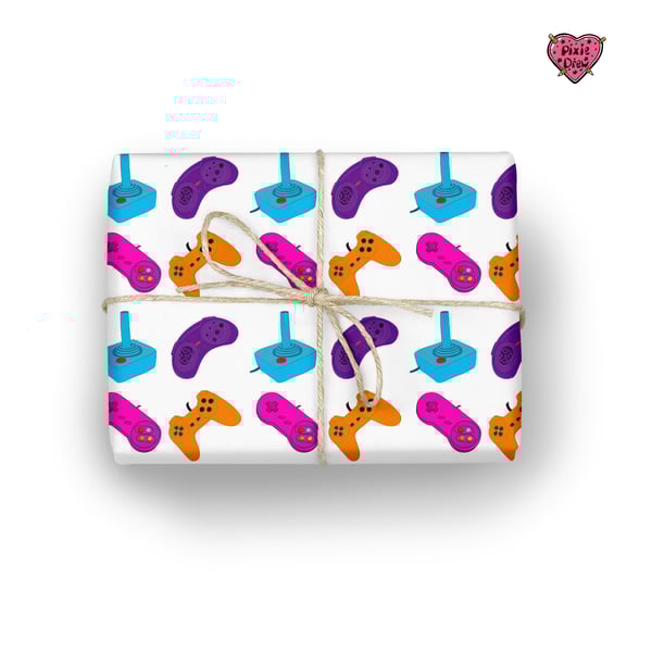 Gamer wrapping paper with retro games controllers