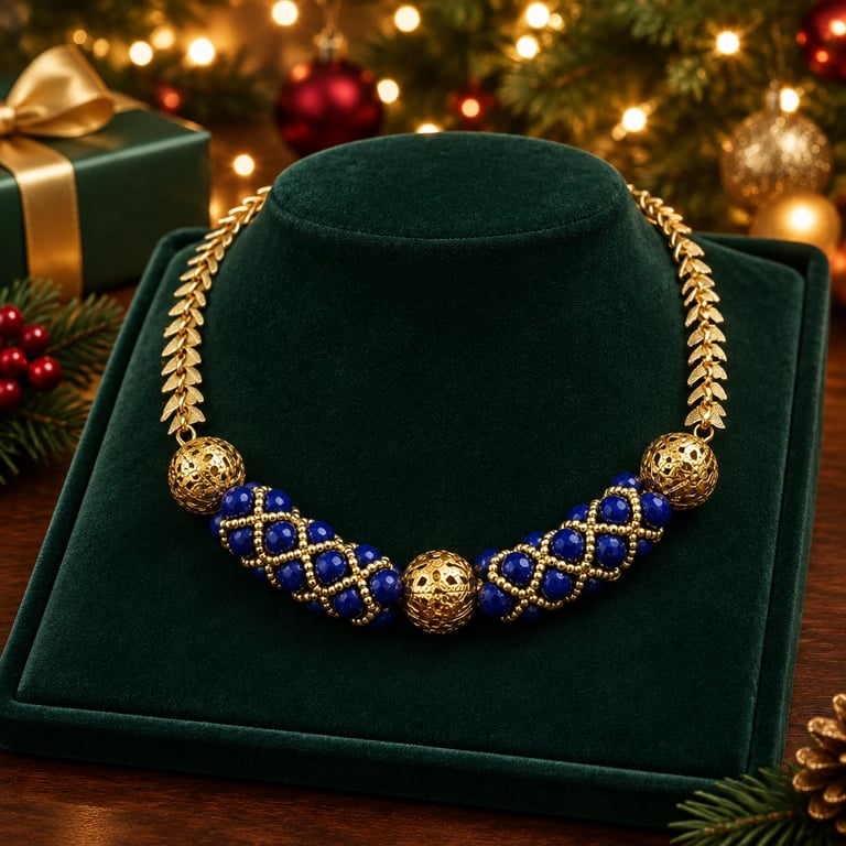 Blue Jade Beaded Choker with Gold Filigree, 16 inch