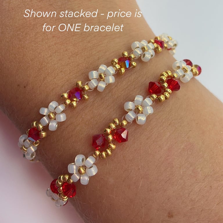 July Birthstone Bracelet - Gold & Opal Daisy Beads (Ruby Inspired)