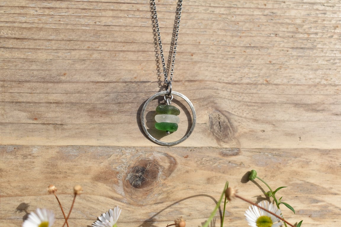 Highland Sea Glass and Sterling Silver Stacked Hoop Necklace