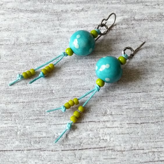 Polka Dot Ceramic Earrings in Turquoise and Lime Green