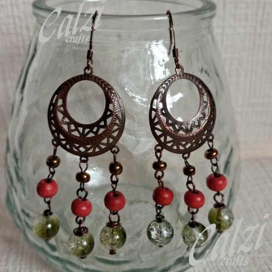 Coral, Green And Copper Boho Dangle Earrings