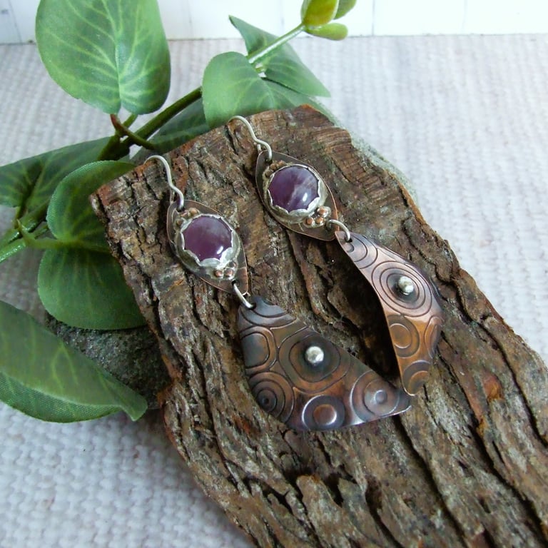 Earrings, Sterling Silver and Copper Droppers with Fluorite Gemstones