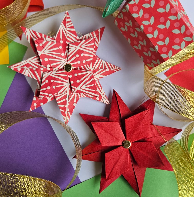 Two Origami Christmas Stars: Hanging Decorations (Red) 