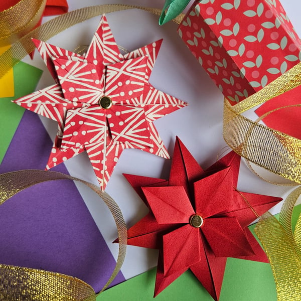 Two Origami Christmas Stars: Hanging Decorations (Red) 