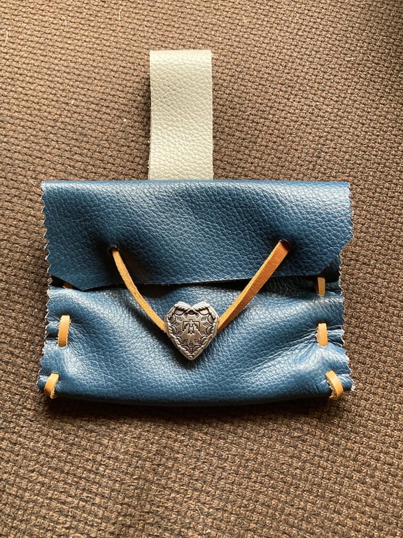 Small Pouch -Demin Blue Leather Medieval Style - Eagle Closure - FREE SHIPPING