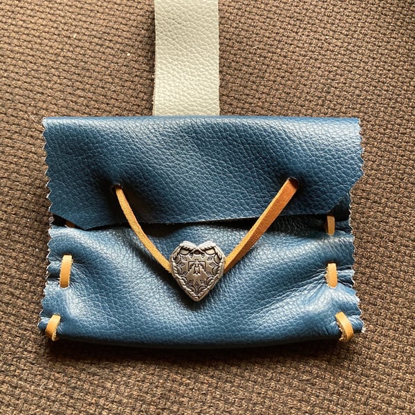 Small Pouch -Demin Blue Leather Medieval Style - Eagle Closure - FREE SHIPPING