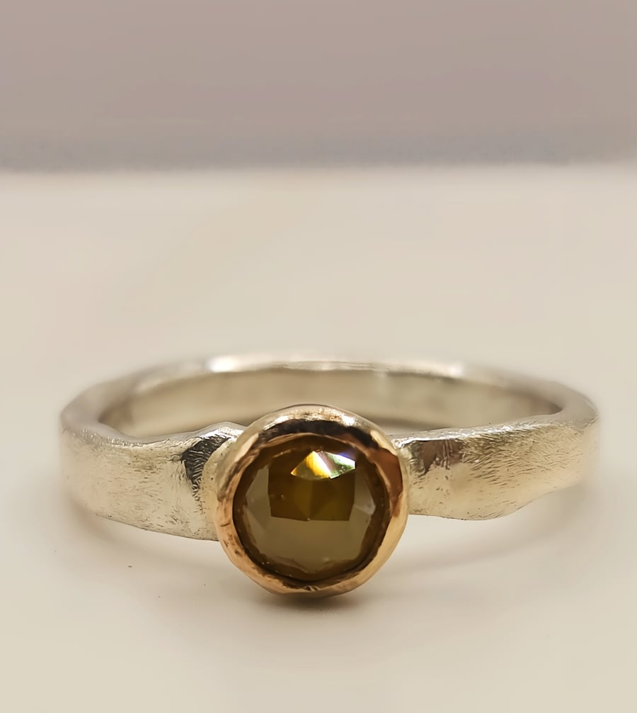 Rose Cut Brown Diamond Ring - 9ct Gold Bezel, Rustic Engagement Ring - Size L
