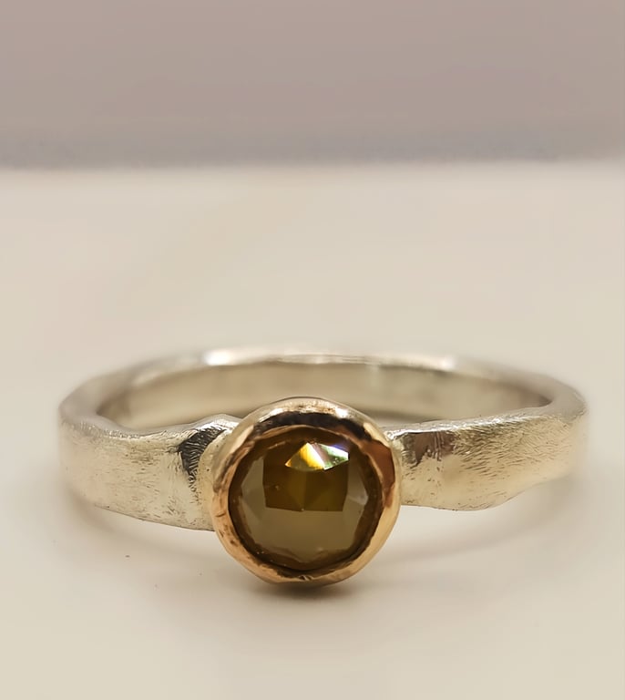 Rose Cut Brown Diamond Ring - 9ct Gold Bezel, Rustic Engagement Ring - Size L