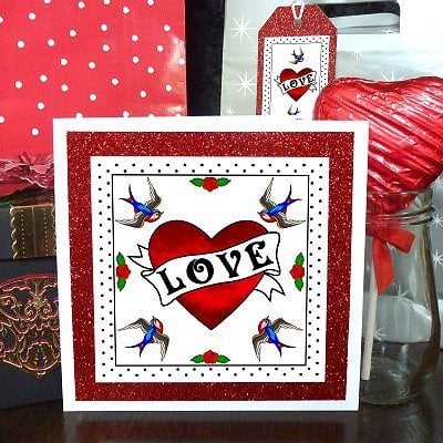 Love Tattoo, Heart & Swallows - greeting card & free glitter gift tag
