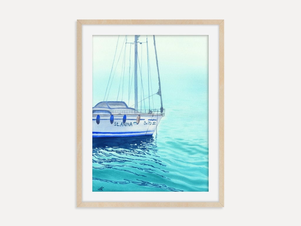 Sailboat Fine Art Print, Coastal Watercolor Wall Art, Nautical Seascape Decor