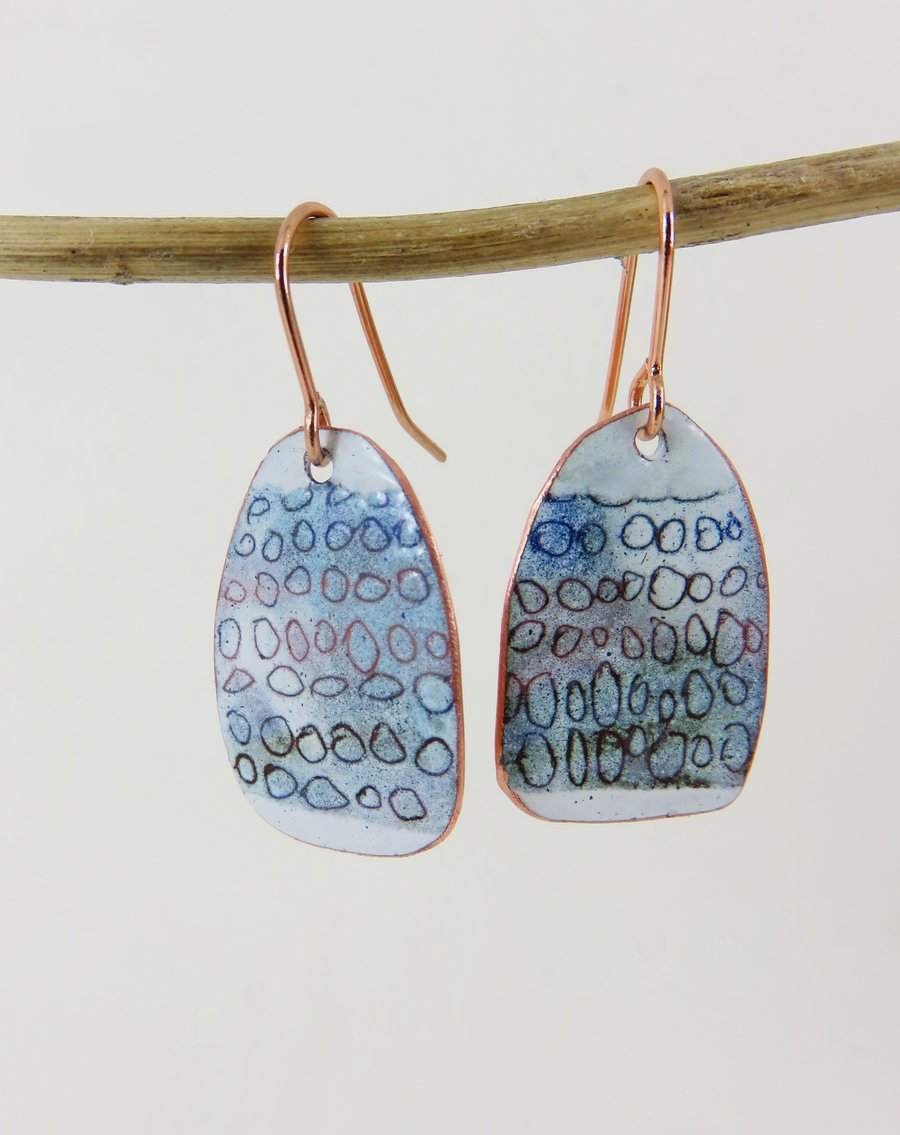 Enamel on Copper Unique Dangle Earrings with a Hand Drawn Pattern