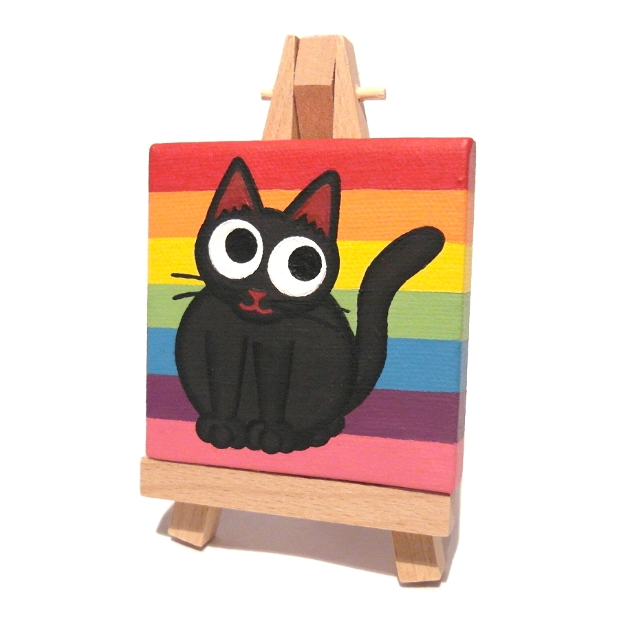 Sold Cute Black Cat Painting on Rainbow Mini Canvas
