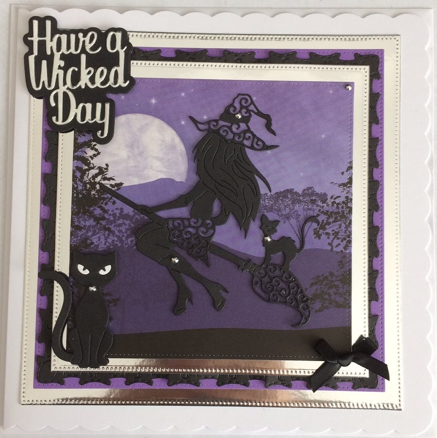 Pagan Halloween Card Have a Wicked Day Sexy Witch Cats 3D Luxury Purple 2
