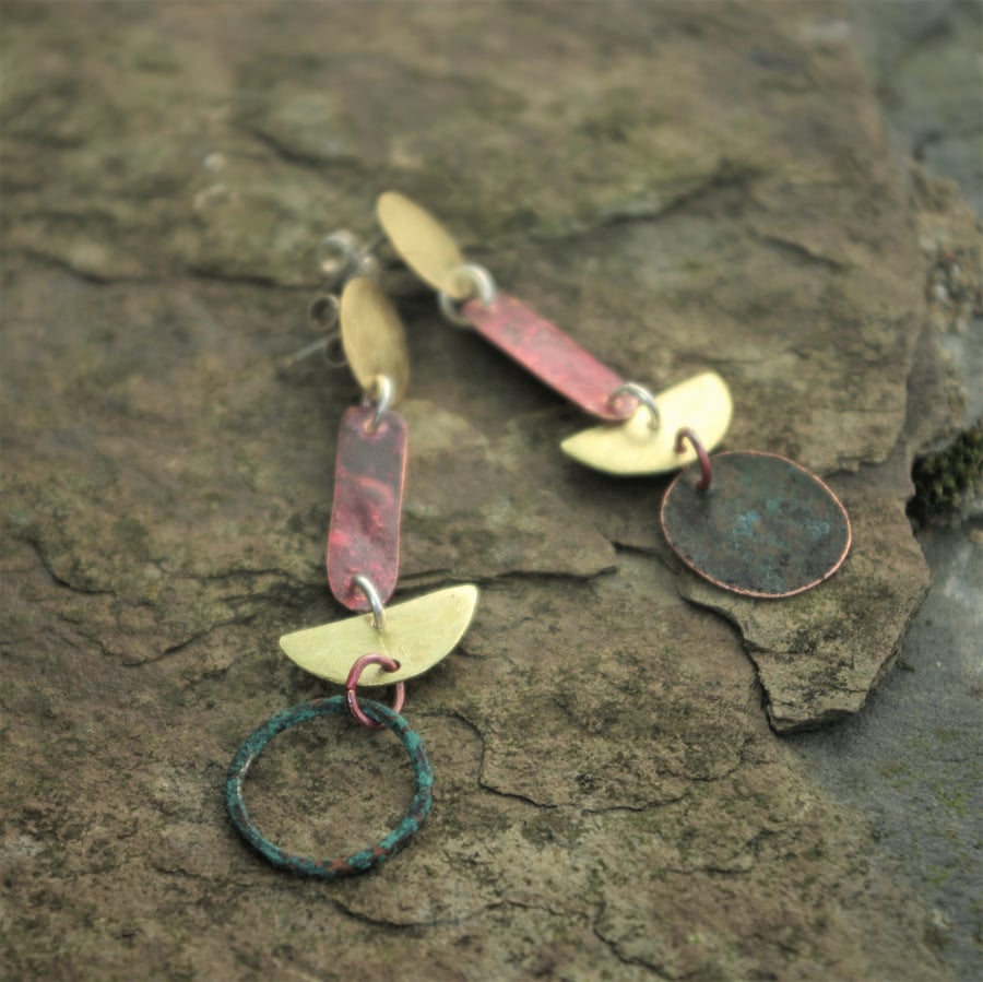 Copper and Brass Geometric Shapes Long Dangle Mismatched  Earrings