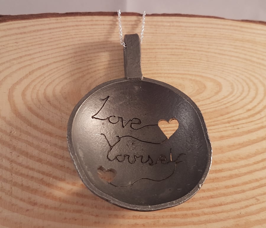 Upcycled Pewter Pierced 'Love Yourself' Large Statement Spoon Necklace