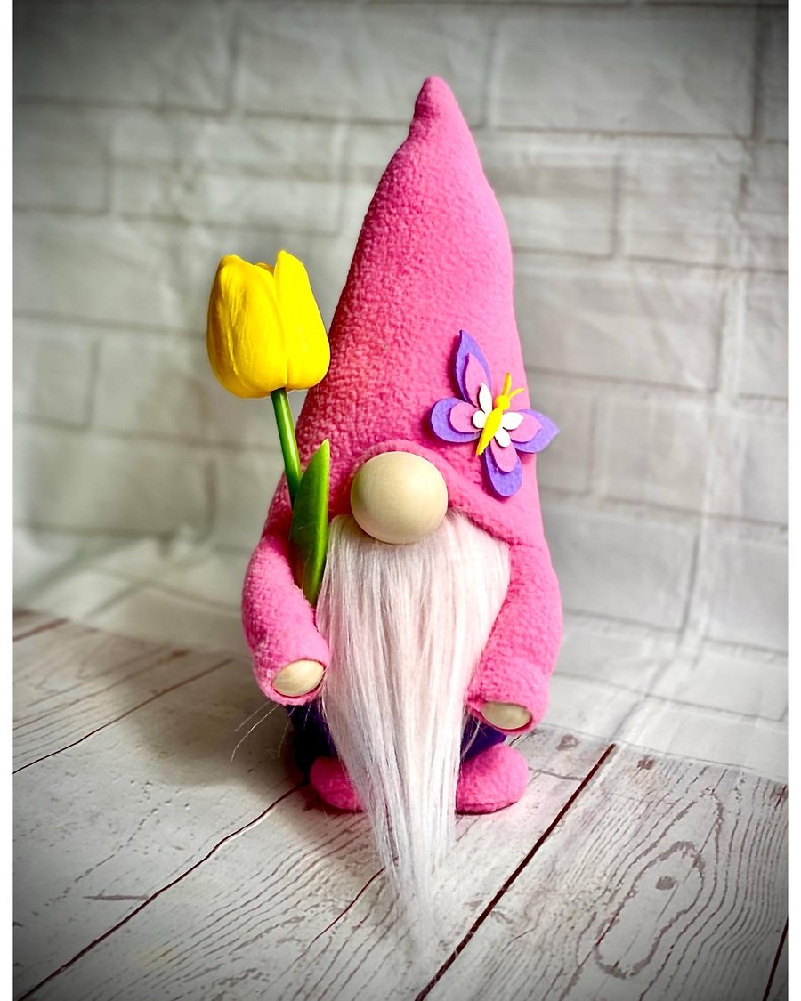 Handmade Nordic Gnome with Tulip (Pink), Gonk, Swedish Tomte, Gnome