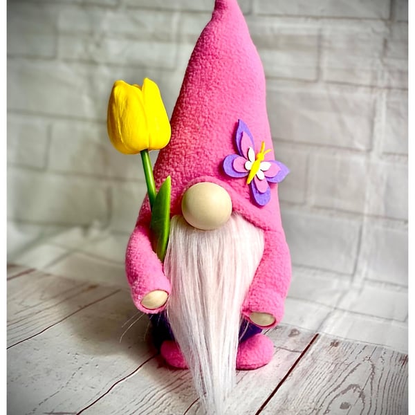 Handmade Nordic Gnome with Tulip (Pink), Gonk, Swedish Tomte, Gnome