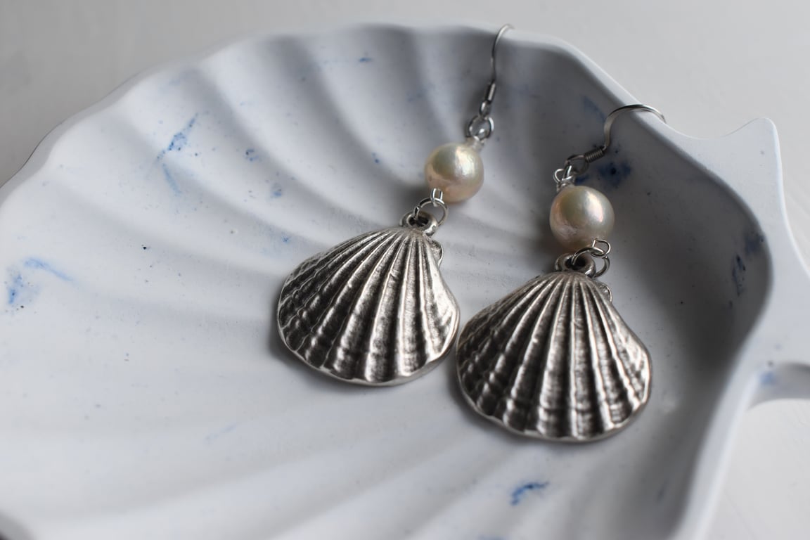 Silver Seashell and White Pearl Earrings