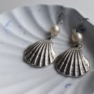 Silver Seashell and White Pearl Earrings