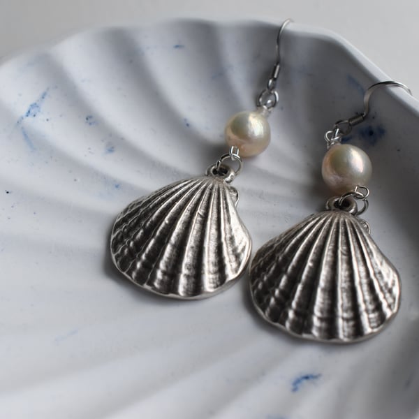Silver Seashell and White Pearl Earrings