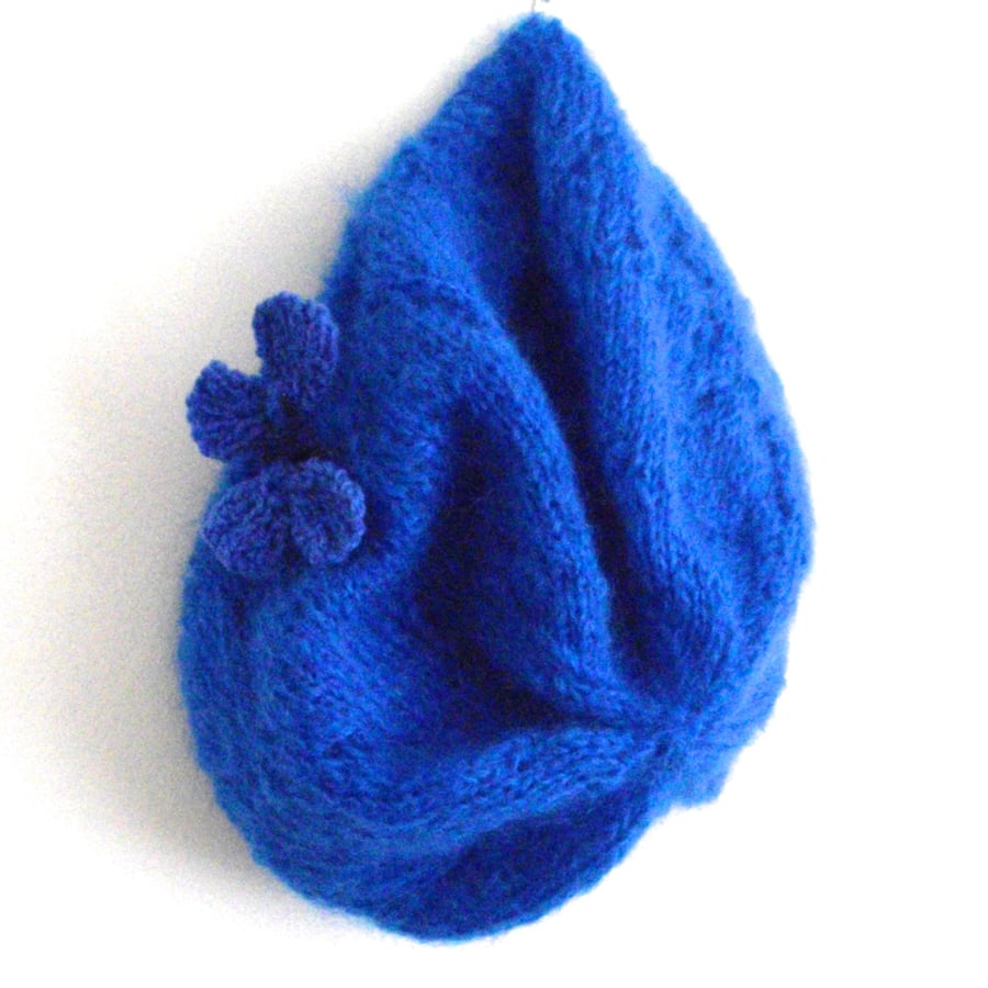 Blue Mohair Mix Slouch Beret with Butterfly Brooch