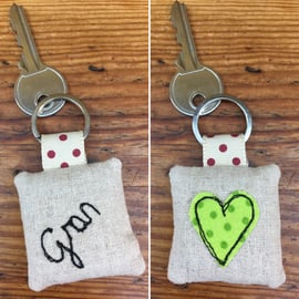 Gran heart key ring - spotty lime green heart - love Gran keyring