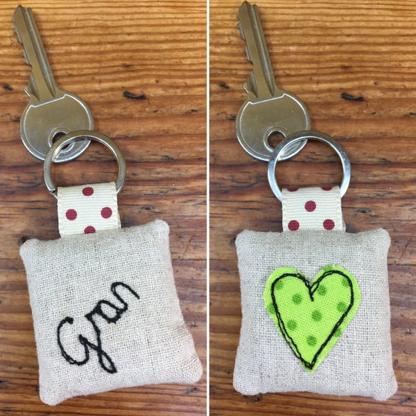 Gran heart key ring - Love Gran fabric keyring- spotty lime green heart