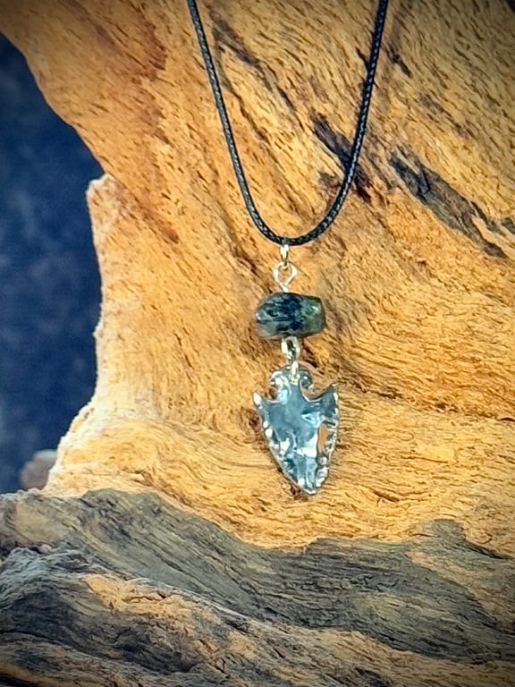 Recycled silver arrowhead pendant with prehnite gemstone 