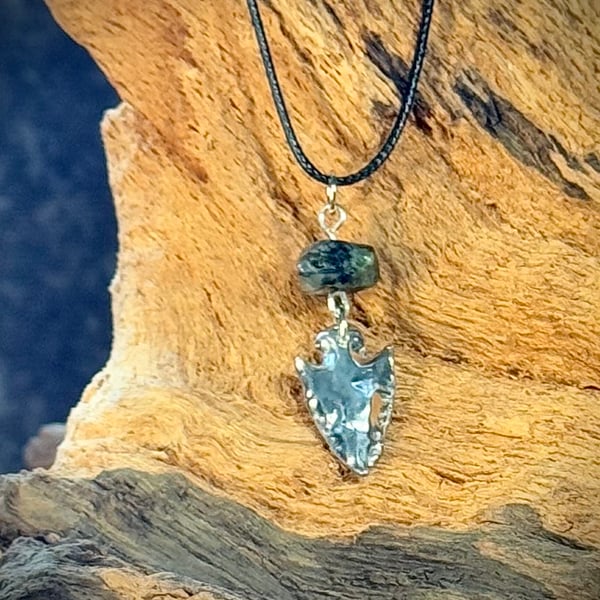 Recycled silver arrowhead pendant with prehnite gemstone 