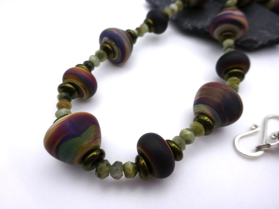 brown lampwork glass and chrysoberyl gemstone necklace