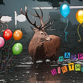Happy Birthday Stag in Water Art Card A5