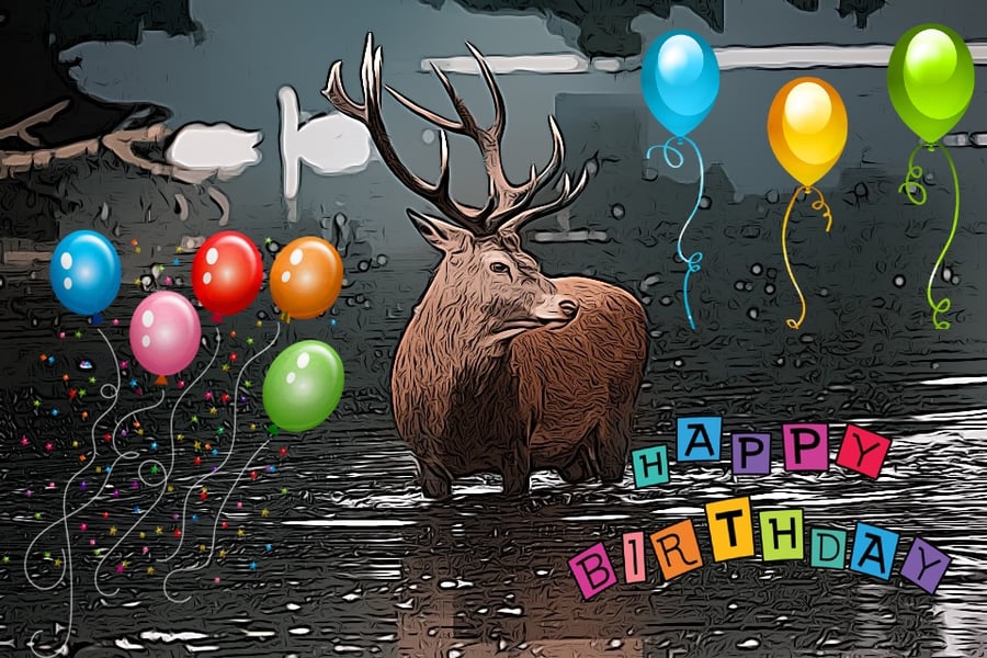 Happy Birthday Stag in Water Art Card A5