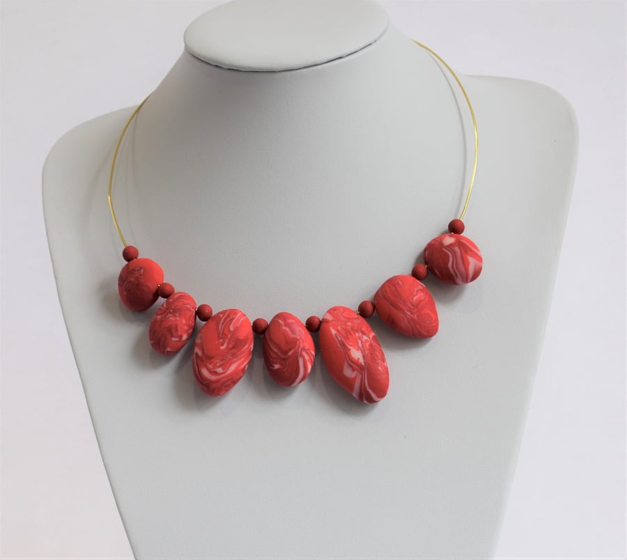 Glitter Red & Pale Pink, Handmade Polymer Clay Pebbles Beaded on Wire Necklace