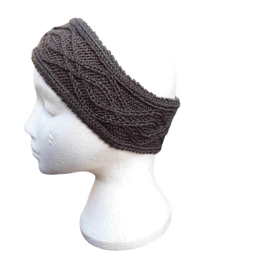 Hand knitted ladies brown headband ear warmer with double diamond pattern 
