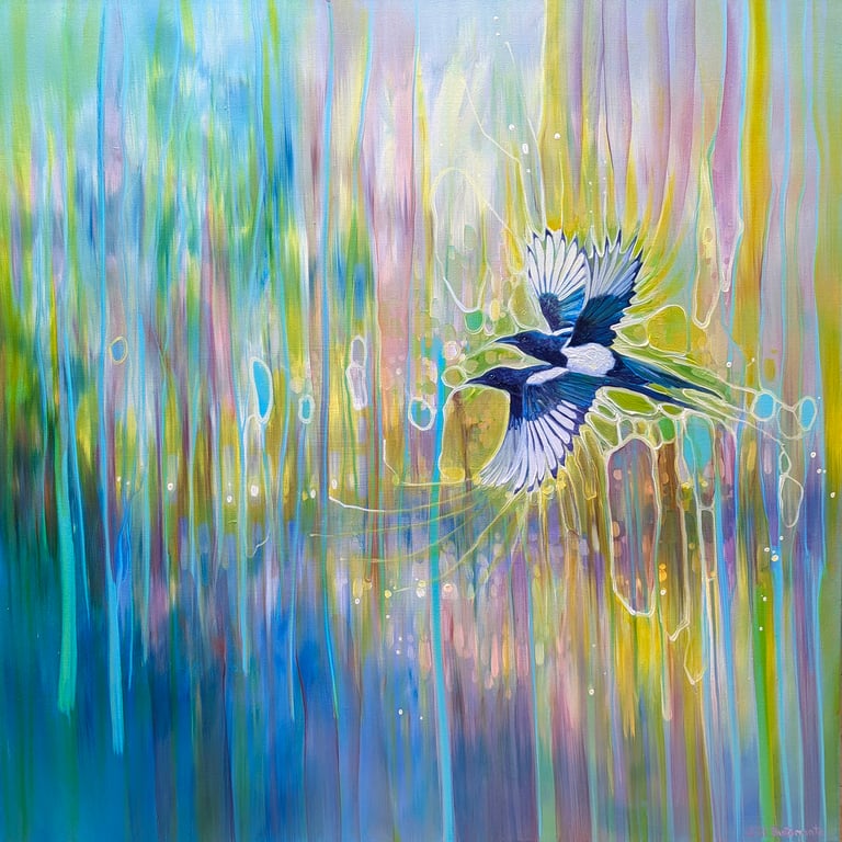 One for Sorrow, Two for Joy… Magpie abstract paintiing