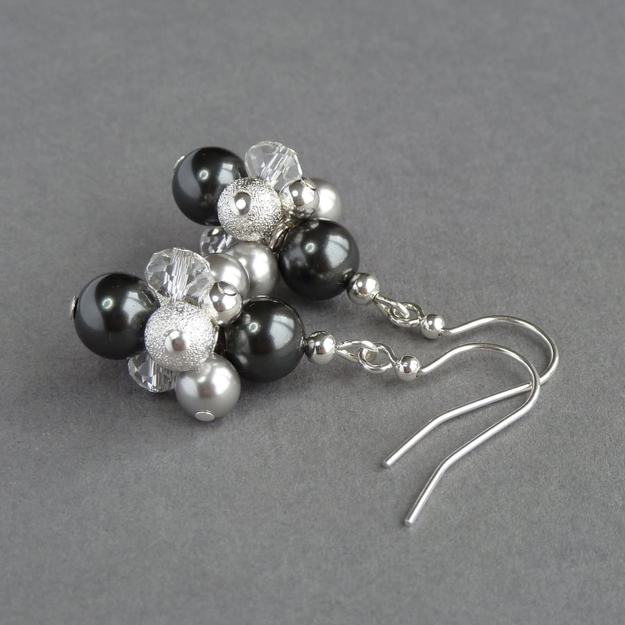 Dark Grey Stardust Earrings - Pearl Drop Earrings - Cluster Earrings - Jewellery