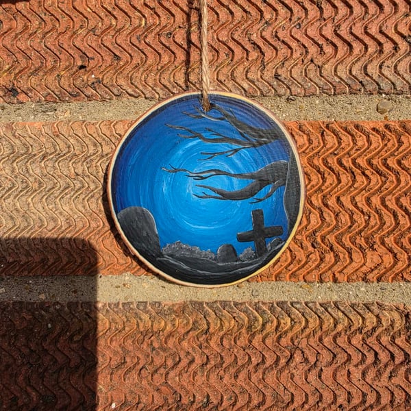 Hand Painted Halloween Graveyard Wooden Slice – Spooky Blue Night Scene Ornament