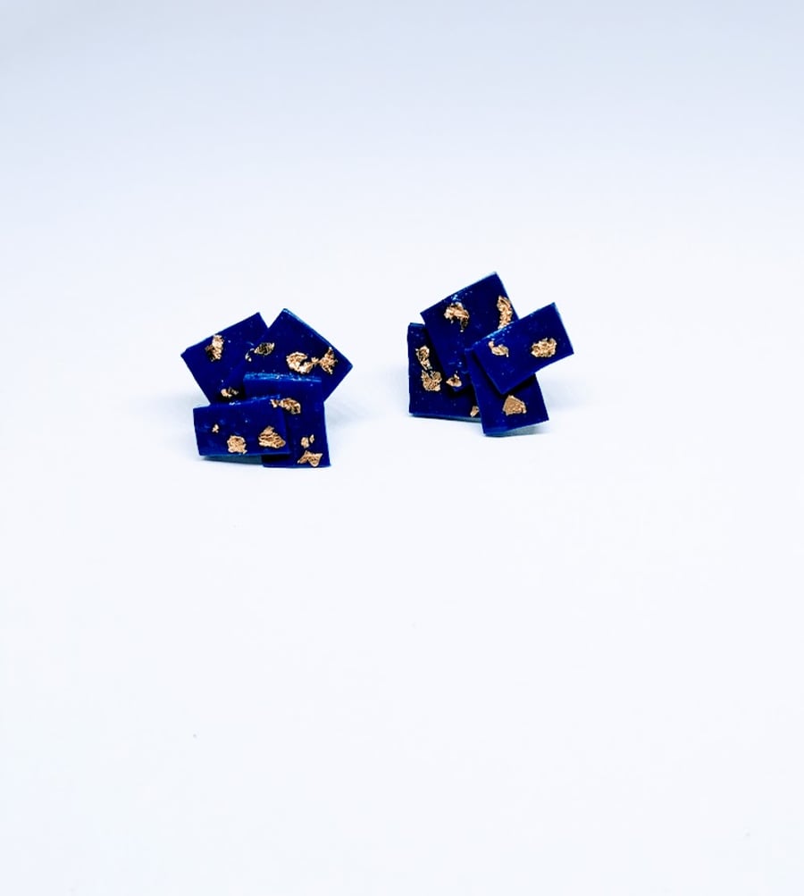 Modern geometric architectural blue gold square stud earrings 