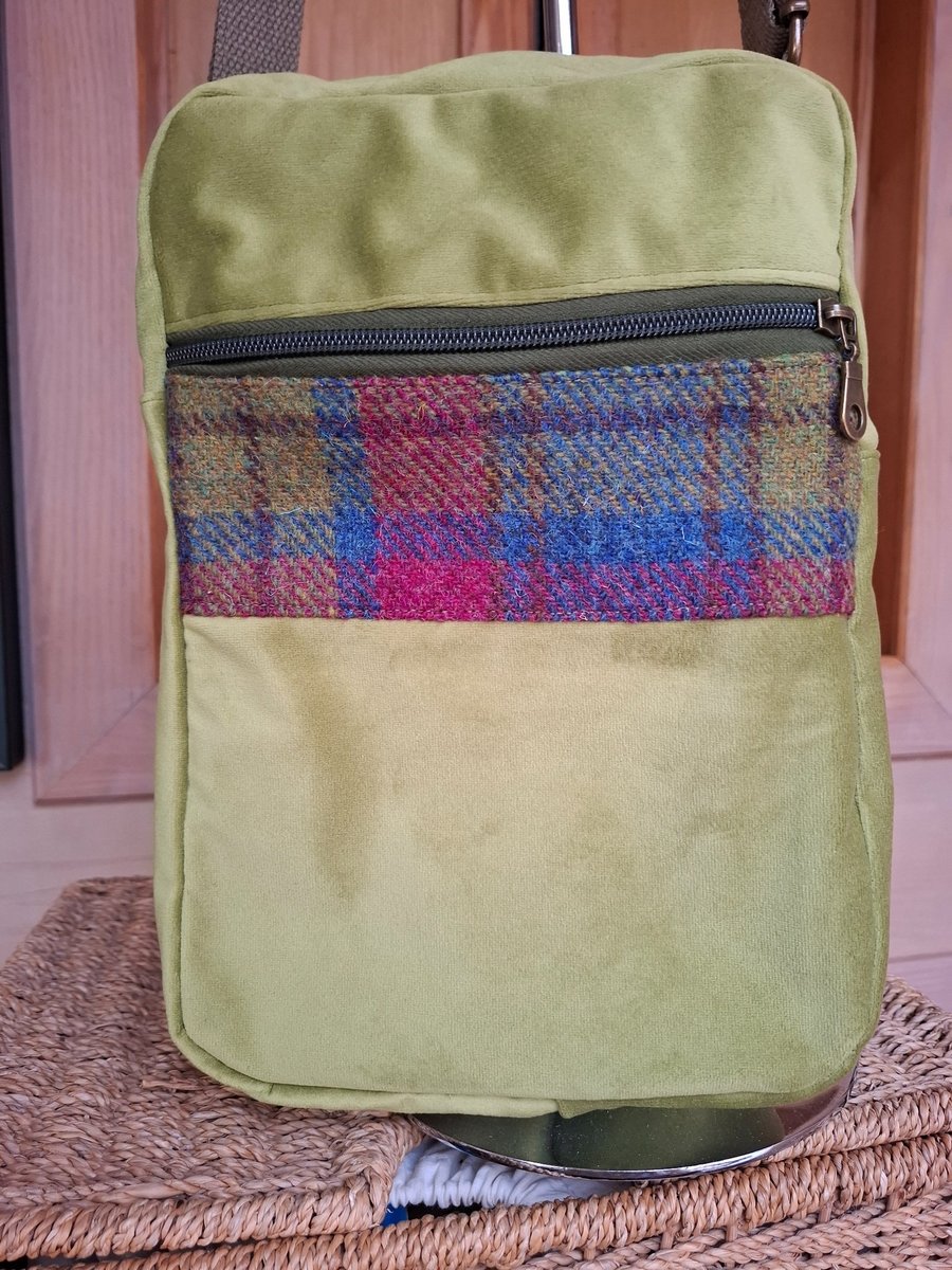 Lime velvet and tweed bag