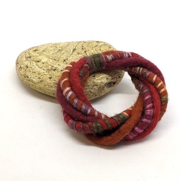 Felted merino cord bracelet in deep red, ruby and rust